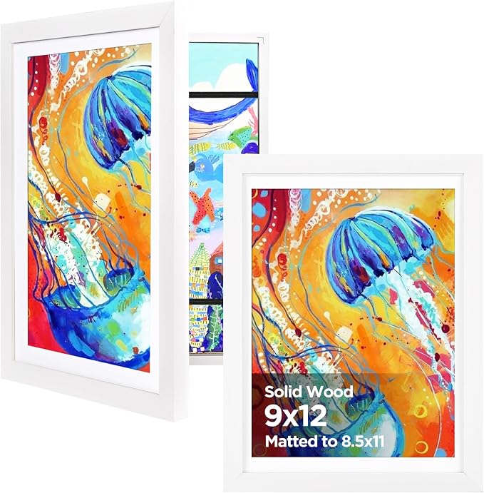KINLINK 9x12 Kids Art Frame 2 Pack, Solid Wood Artwork Frames Changeable, Front Opening Hold 150 Pictures, Art Frames for Kids Artwork, 8.5x11 with Mat 9x12 without Mat, Picture Frames White