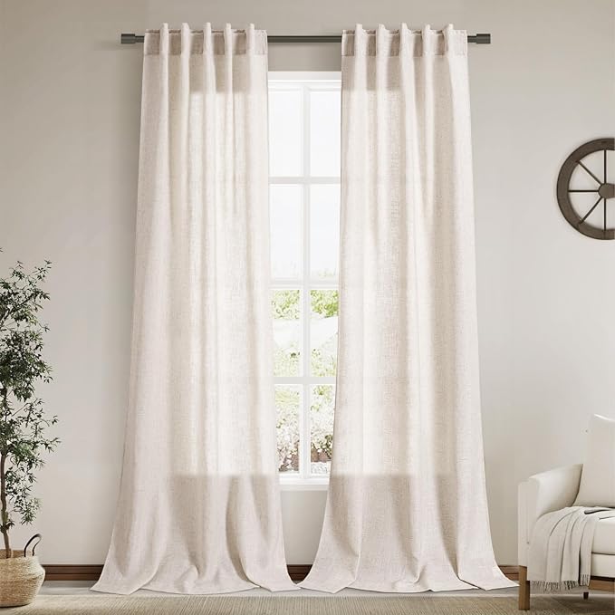 Beige Linen Curtains 108 Inches Long 2 Panels Set for Living Room Back Tab Pocket Semi Sheer Modern Minimalist Extra Long Curtain Linen Blend Light Filtering Ceiling Drapes for Large Window 40x108