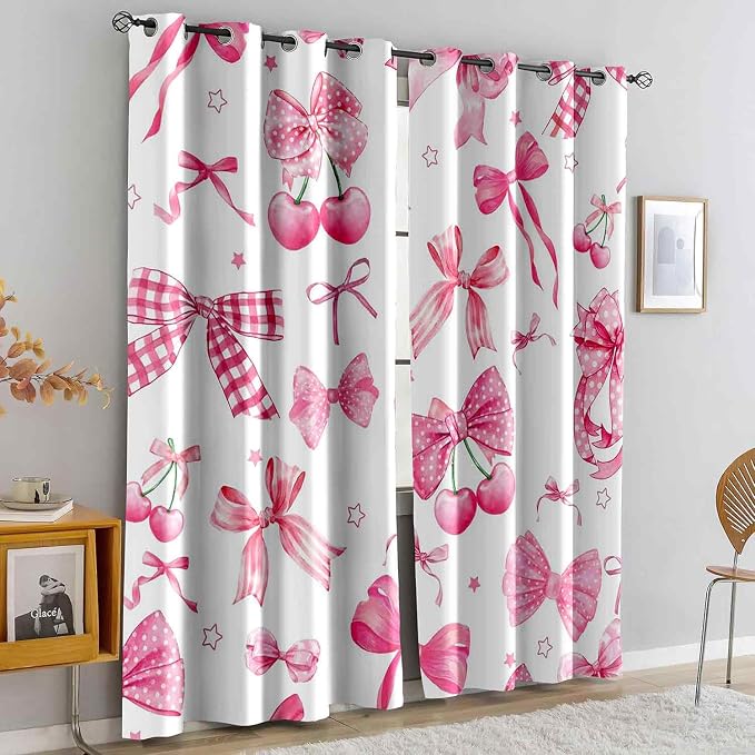 LUVIVIHOME Cute Cherry Blackout Curtains, White Pink Bow Curtains for Girls Bedroom Living Room, Aesthetic Bowknot Girly Preppy Coquette Room Decor, Grommet Window Drapes 2 Panel Sets, 42x63 Inch
