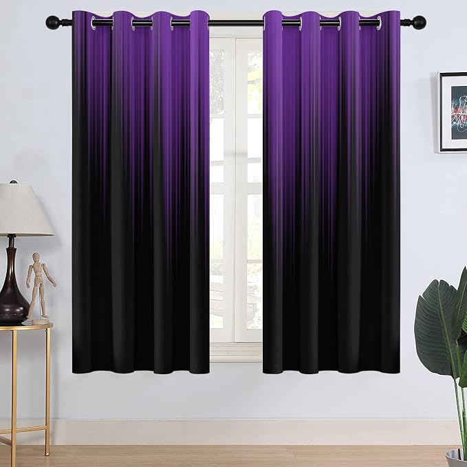 AAtter Purple Black Window Curtains, Room Darkening, Grommet 42" W x 63" L | Dark Gothic Ombre Drapes, Abstract Moody High Precision Fabric, Plum Witchy Modern, 2 Panels Bedroom Decor for Women