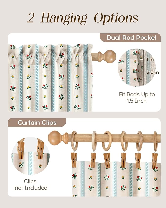 Miss Adola Farmhouse Kitchen Tier Curtains - 40 Inch Length Linen Blend Boho Cafe Curtains Blue Floral Small Window Treatments Over Sink Rod Pocket for Bathroom Living Room Light Filtering, 3 Panels
