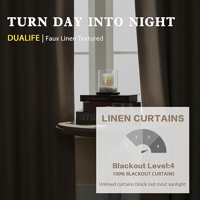 DUALIFE 100% Blackout Curtains 120 Inches Long 10 ft Tall,Extra Long Curtains Linen Textured Thermal Insulated Curtains & Drapes for Bedroom,Living Room - Taupe W50x L120