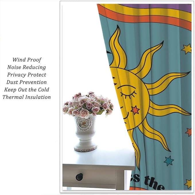 Boho Retro Moon Blackout Curtains, Abstract Vintage 70s Rainbow Mid Century Colour Art Print Window Drapes, for Living Room Bedroom 55x63in 2 Panels