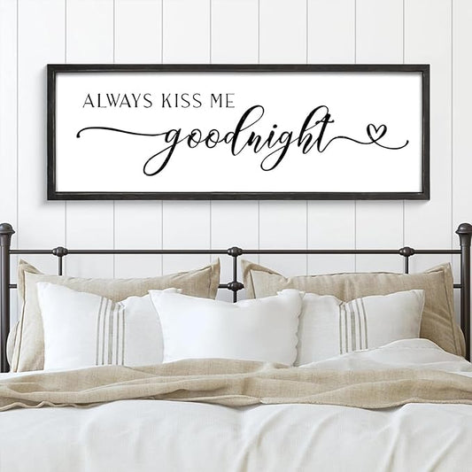 Always Kiss Me Goodnight Wall Sign 42''×15'' Large Above Bed Wall Decor Bedroom Sign Bedroom Decor with Solid Wood Framed, Couples Love Theme Wall Decor (Black)