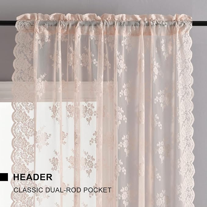 Kotile Pink Lace Curtains for Girls Bedroom - Rustic Vintage Floral Pattern Sheer Curtains 72 Inch Length, Privacy Rod Pocket Scalloped Lace Curtain for Windows, 52 x 72 Inch, 2 Panels, Blush Pink
