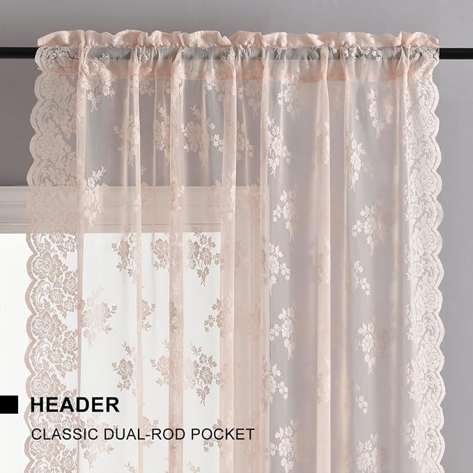 Kotile Blush Pink Floral Sheer Curtains for Girls Bedroom - Premium Scalloped Trim Country Floral Sheer Curtains 96 Inch Length, Rod Pocket Macrame Lace Panel Curtains, 52 x 96 Inch, 2 Panels, Blush