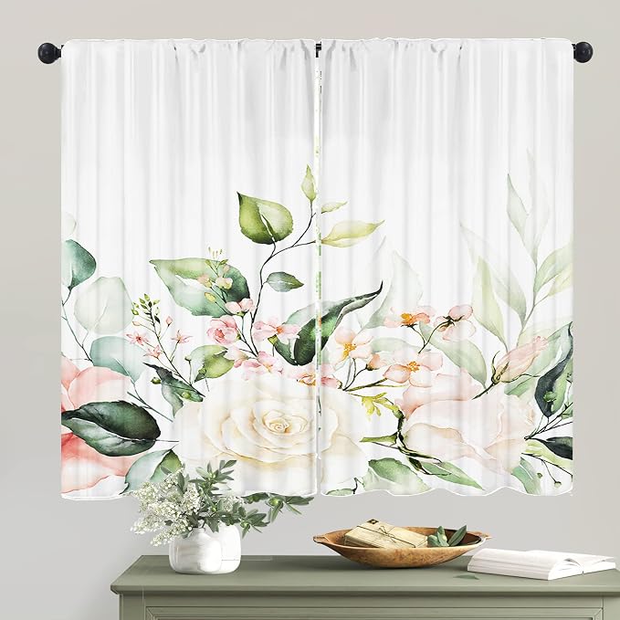 Colorful Floral Plants Kitchen Curtains 27.5Wx39H Inch Rod Pocket Small Curtains for Bedroom Room Colorful Watercolor Leaf Plants Floral Window Treatments Decorative for Living Room 2 Panels