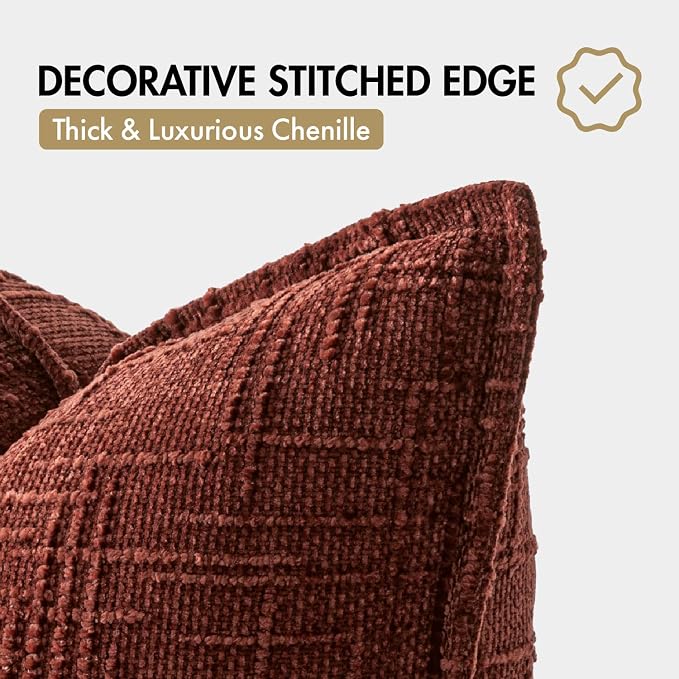 MIULEE Slubby Textured Decorative Throw Pillow Covers 18x18 Inch Set of 2 Boho Farmhouse Soft Cozy Chenille Pillows Cushion Cases Modern Fall Home Decor for Couch Sofa Bed Living Room, Terracotta