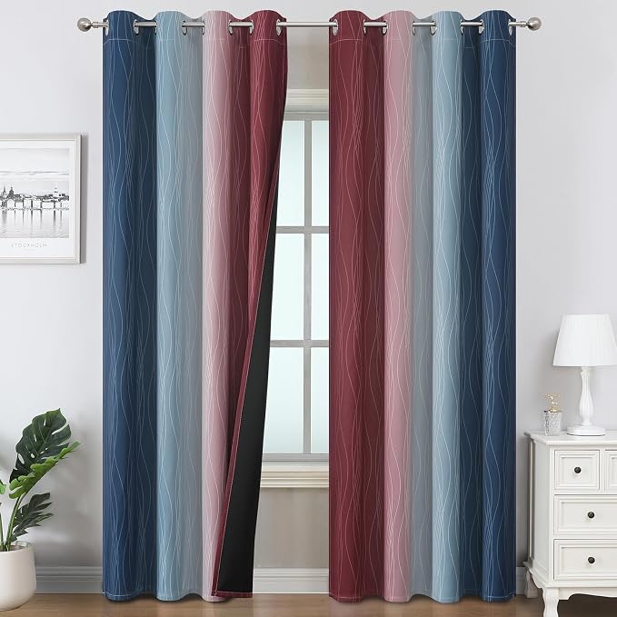Estelar Textiler Navy Blue and Burgundy Red Ombre Blackout Curtains 54 Inch Length for Window, Room Darkening Thermal Insulated Energy Efficient Grommet Drapes for Bedroom,52x54 Inch,2 Panels