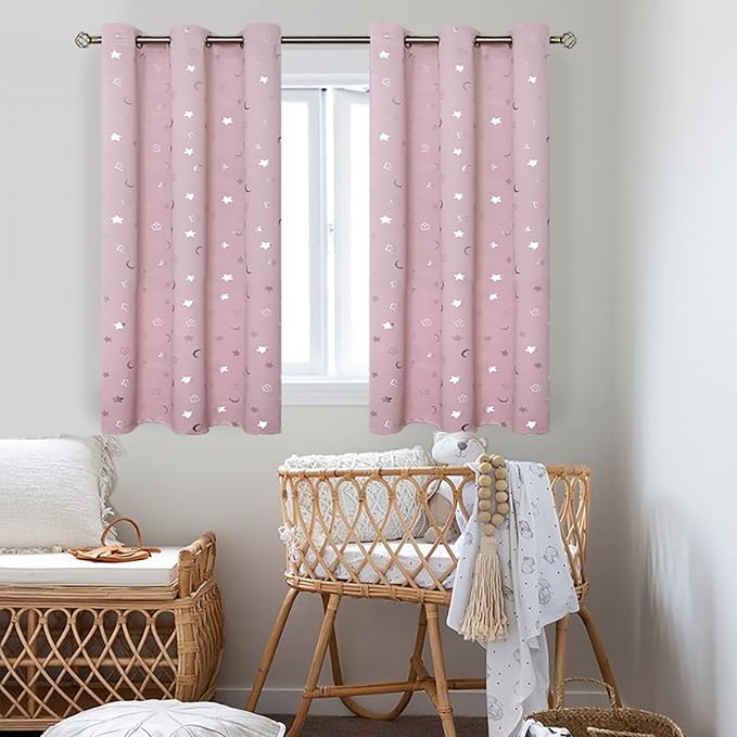 BGment Pink Curtains for Girls Bedroom, Short Star and Moon Blackout Curtains for Nursery, Thermal Insulated Room Darkening Kids Window Curtains with Grommet, 42 W x 54 L, 2 Panels, Light Pink