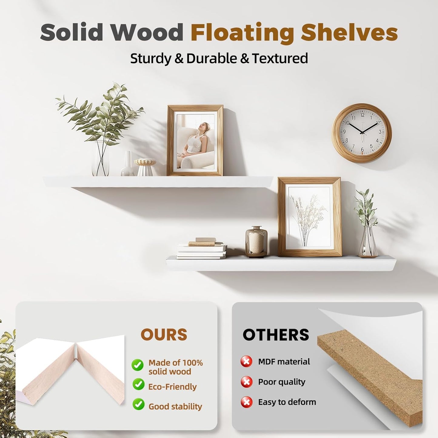 36"x6.8"x1.6" Slanted Floating Wall Shelves 2-Pack - Rustic White Finish, Heavy-Duty Solid Wood Design with Hidden Brackets - Perfect for Living Room, Kitchen, Bathroom, or Office