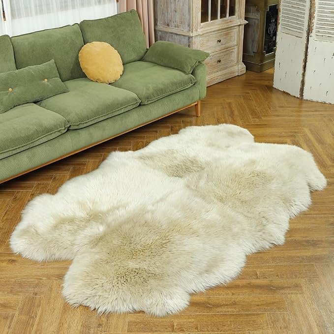 LLB Genuine Sheepskin Area Rug Fur Carpet Fluffy Shaggy Fur Rug for Living Room Kids Bedroom Real Sheepskin Throw Lambskin Aesthetic Rugs Sofa Mat Chair Seat Covers (Cream Brown, 4ft x 6ft Sheepskin)