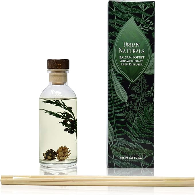 Urban Naturals Reed Diffuser Set, Balsam Forest - Bathroom Shelf Décor | REAL Juniper and Pine cones, Fragrance notes of Fraser Fir, Evergreen, Pine, Woodsy Cedar and Sandalwood, Vegan