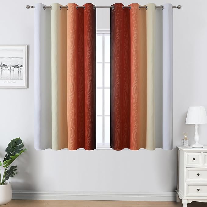 Estelar Textiler Burnt Orange and Greyish White Ombre Blackout Curtains 45Inch Length for Window, Room Darkening Thermal Insulated Energy Efficient Grommet Drapes for Bedroom,52x45 Inch,2 Panels