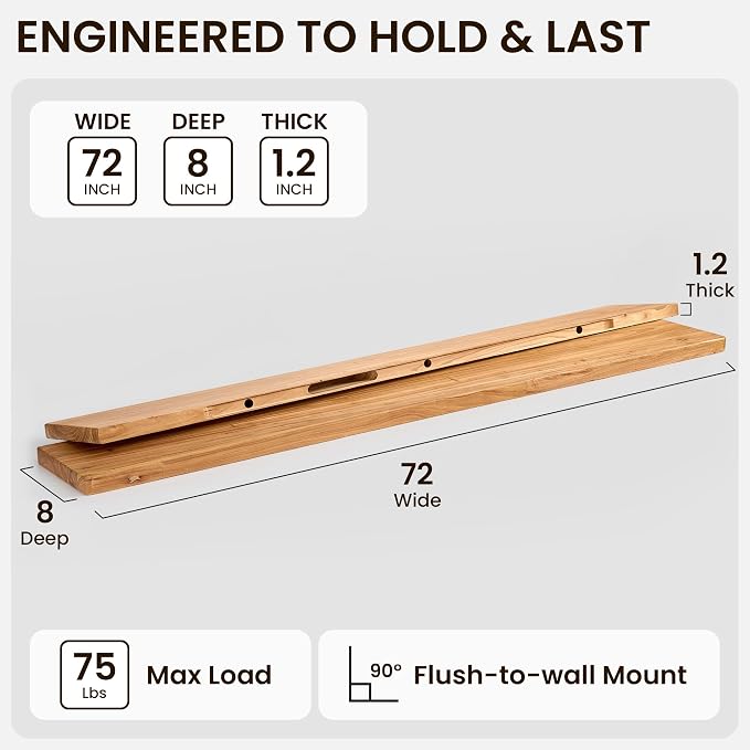 Fun Memories 72 Inch Floating Shelf, 8 Inch Deep Rounded Edge Extra Long Elm Wood Shelf with Hidden Bracket, Solid Wood Mantel Shelf for Fireplace Wall