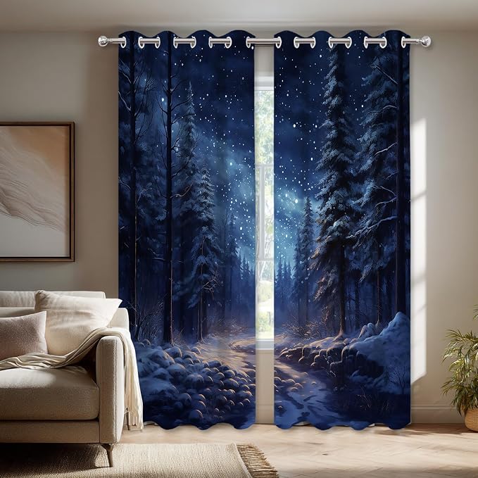 Shrahala Winter New Year Blackout Window Curtains, Stars Forests Snow Night Thermal Insulated Curtains Grommet Long Drapes for Bedroom,Living Room (2 Panels, 52 x 63 in)