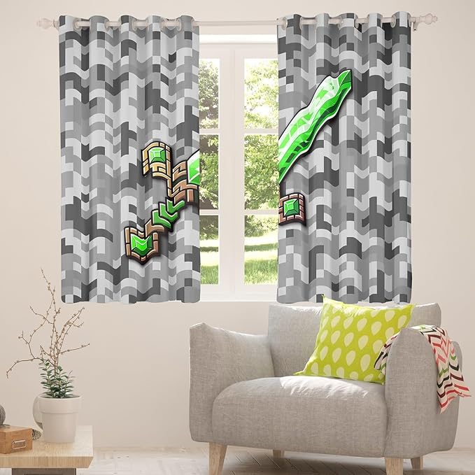 Castle Fairy Green Gemstone Window Curtain,Green Brown Sword Privacy Blackout Curtain for Window Grey Pixel Shade Windows Covering for Bedroom Miner Theme Square Drapes 2 Panels,42Wx90L