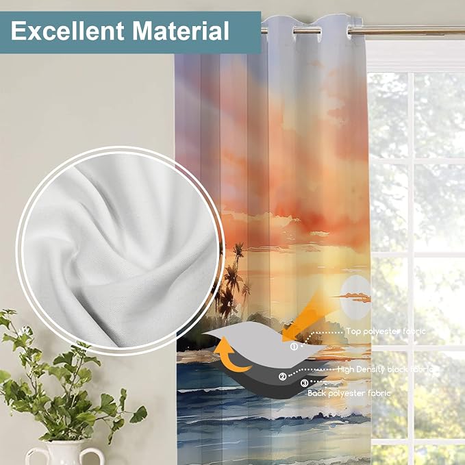 Shrahala Sunset Beach Thermal Insulated Blackout Window Curtains, Tropical Seaside Scene Long Drapes for Bedroom/Living Room with Plastic Grommet, 52X84 Set of 2
