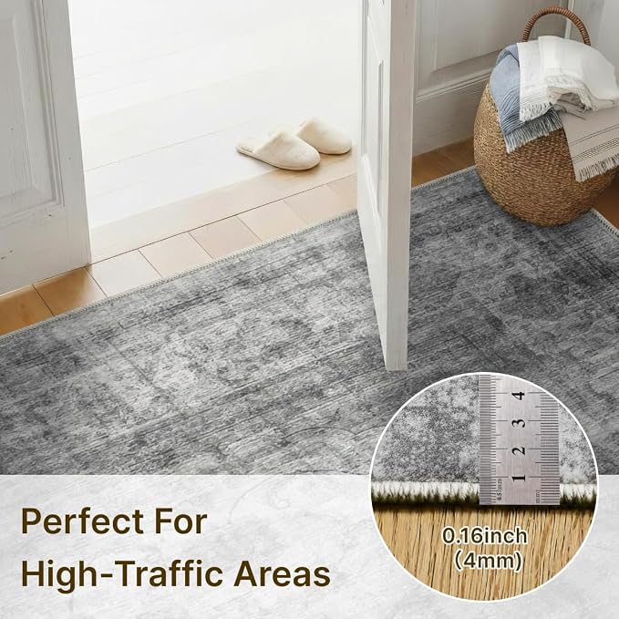 2x6 Runner Rug for Entryway Hallway-Vintage Farmhouse Boho Floral Neutral Washable Stain Resistant Indoor Rugs for Home Decor(Ashen Black)