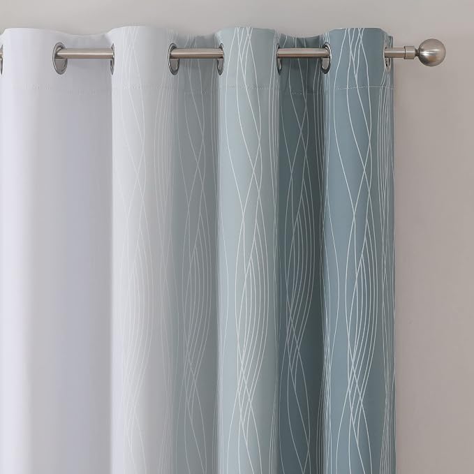Estelar Textiler Stone Blue and Greyish White Blackout Curtains 45 Inch Length 2 Panels, Light Blocking Gradient Drapes for Bedroom, Thermal Insulated Grommet Ombre Curtains for Bathroom,52Wx45L