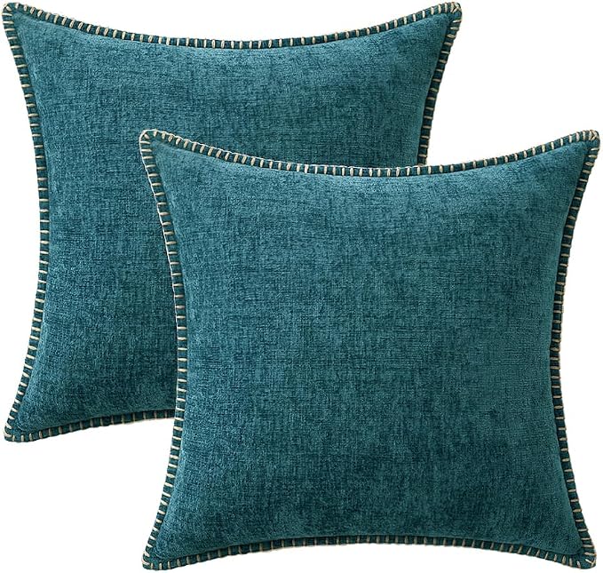 MIULEE Pack of 2 Couch Throw Pillow Covers 20x20 Inch Dark Teal Farmhouse Decorative Pillow Covers with Stitched Edge Soft Chenille Solid Dyed Pillow Covers for Sofa Bed Living Room