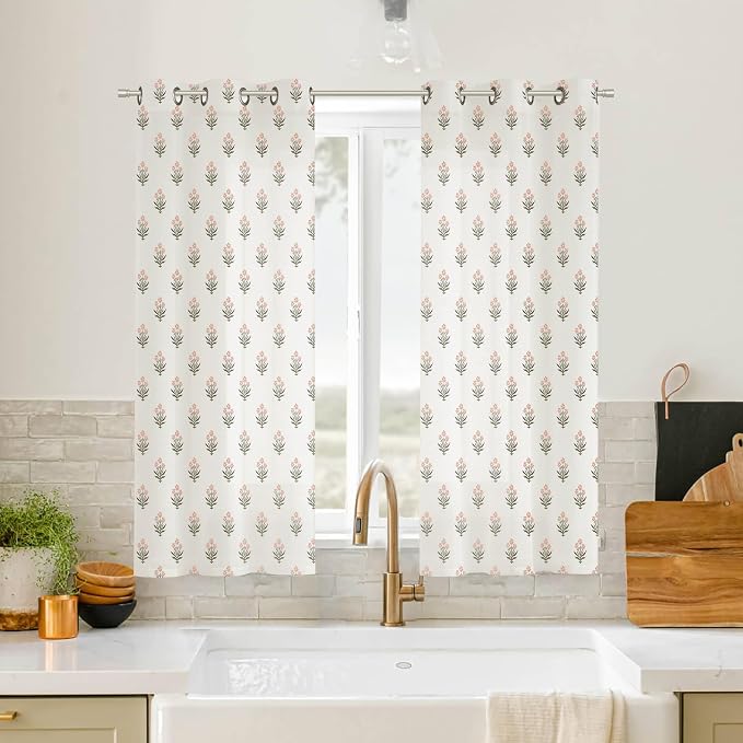 Lino Rosa Pink Short Curtains for Kitchen Window, Boho Farmhouse Sheer Block Print Floral Curtains for Bedroom Girls Bathroom 45 Inch Length