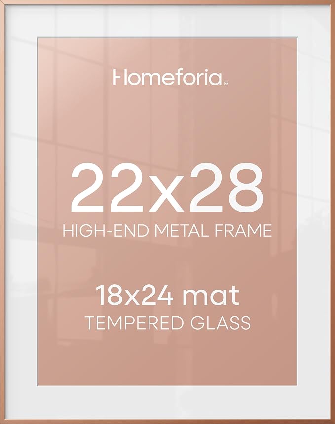 Homeforia 22x28 Rose Gold Picture Frame, High End Metal 22x28 Poster Frames with Mat 18x24 inch Photo, 22 x 28 Thin Frame Matted to 18 x 24 Print, 28x22 Large Frame, Tempered Glass, Wall Kit, Set of 1