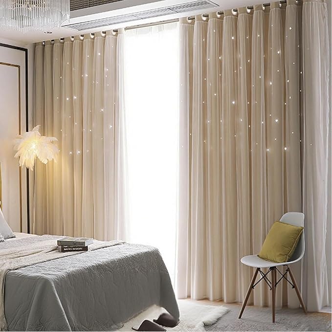 Beige Star Blackout Curtains 102 Inch Length for Boy Bedroom 2 Panels Set, Privacy Boho Room Darkening Curtain for Glass Door, Thick Grommet Top Star Cutout Cute Kids Curtain (50"W x 102"L)