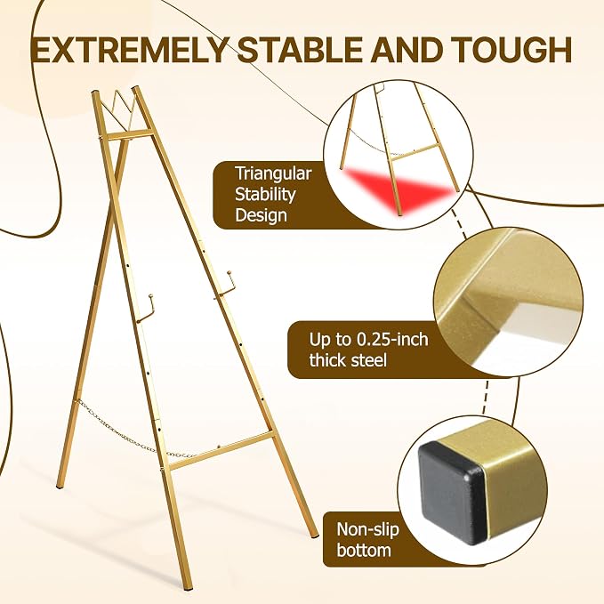 57.5" Gold Easel Stand for Sign, Wedding Sign Stand for Display, Assembly Required, 4 Adjustable Height Levels Heavy Duty Metal Display Stand Floor Standing Easels for Art, Paintings, Pictures(2 Pack)