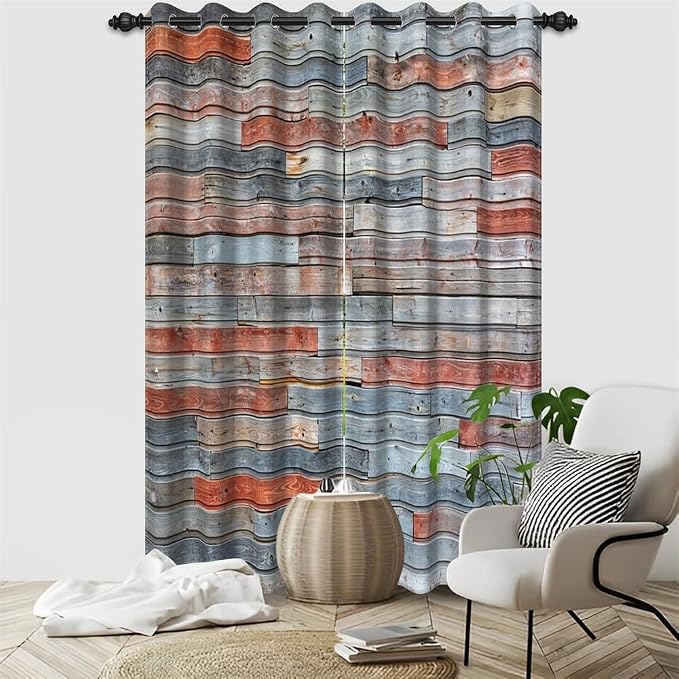 Wooden Curtains Wood Planks Wall Textured Art Print Wooden Window Curtains Grain Cottage Rustic Wooden Barn Door Hardwood Garage Door Living Room Bedroom Window Drapes,26x84 inch,2 Panels