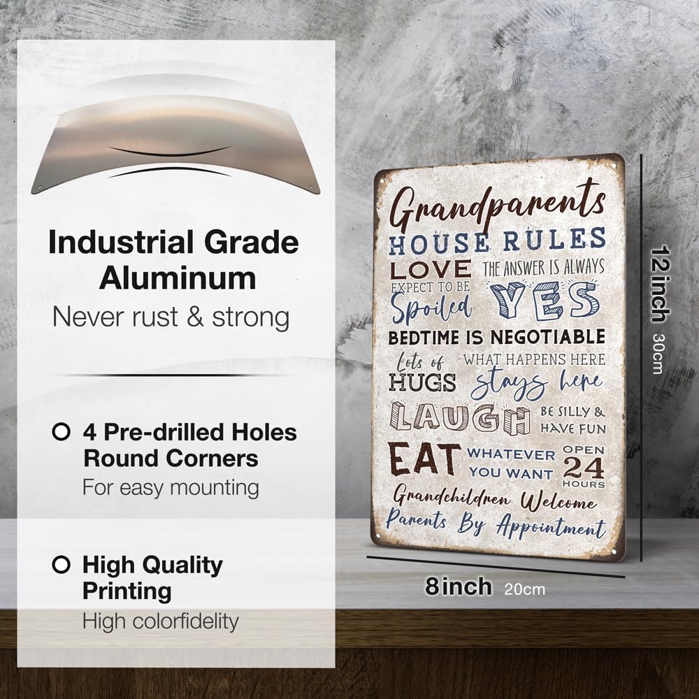 Heuhuww Grandparents Gifts-Vintage Grandparents House Rules Metal Sign for Grandma Grandpa from Grandkids Rustic Farm Home Kitchen Decor 12" x 8"(H19)