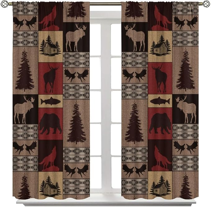 Retro Animal Blackout Curtains for Kitchen Rural Retro Old Forest Hunting Cabin Farmhouse Deer Elk Wolf Bear Wildlife Vintage Windows Treatments for Bedroom Living Room 42x45in
