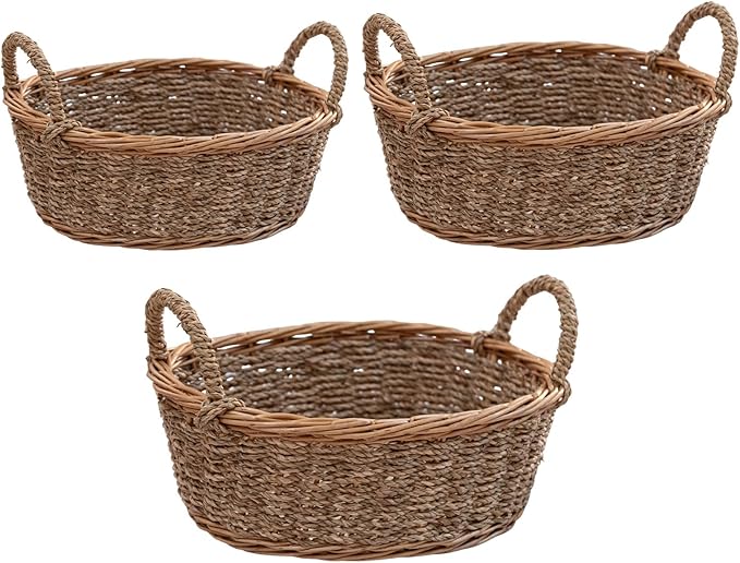 Natural Wicker & Seagrass Woven Storage Baskets Set of 3, Oval Handled Willow Baskets, Rattan Nesting Bins for Kitchen, Living Room, Bathroom & Pantry Organization