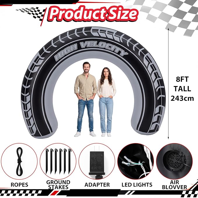Jenaai 8ft Giant Car Tire Inflatable Arch Blow up Yard Decorations with Built-in LED Lights Car Tire Birthday Party Decor for Outdoor Garden Lawn Holiday Celebration