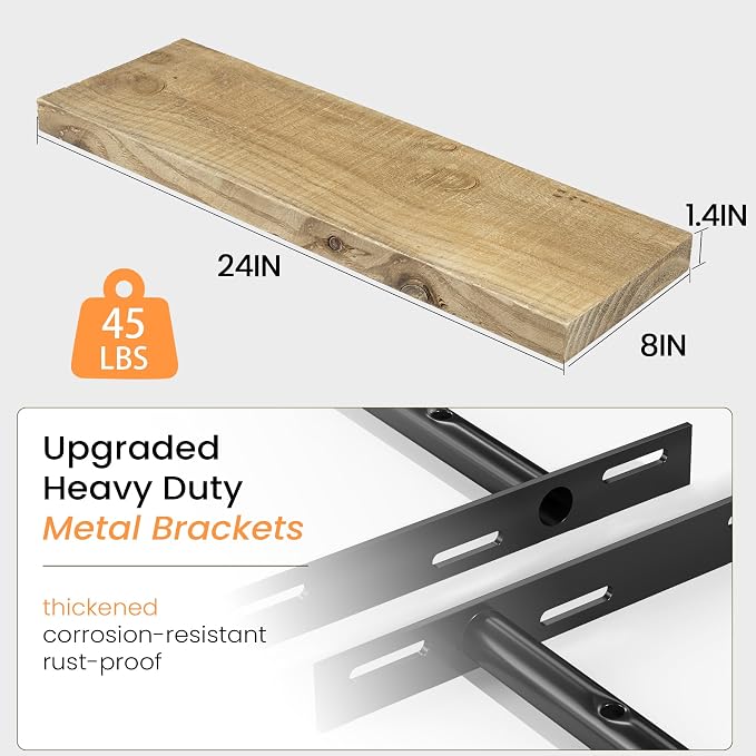 Fun Memories 24 Inch Reclaimed Wood Floating Shelves for Wall, 8 Inch Deep Heavy Duty Rustic Farmhouse Wall Mounted Shelf with Invisible Bracket for Bathroom, Kitchen & Bedroom, Natural