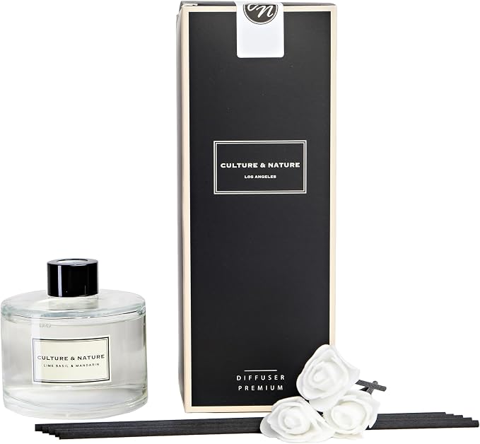 CULTURE & NATURE Reed Diffuser Set 6.7oz (200ml) Lime Basil Mandarin Scented Diffuser with Sticks Home Fragrance Reed Diffuser for Bathroom Shelf Decor