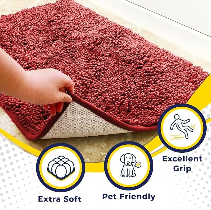 Muddy Mat® | Super Water Absorbent Door Mat Indoor, Microfiber Quick Dry Chenille Entryway Rug, Slip Resistant Front Door Mat, Indoor Mats for Entryway, Machine Washable Pet Rug, Red 36"x72"