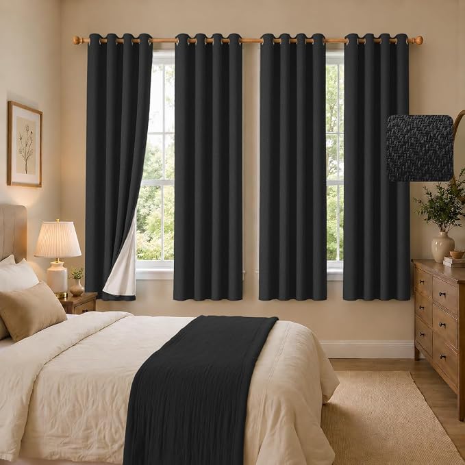 4 Panels 100% Blackout Linen-Textured Curtains, Thick Thermal Insulated Grommet Drapes with Subtle Herringbone Weave, Luxury Decor for Bedroom/Living Room, 54 x 63 Inches, Black