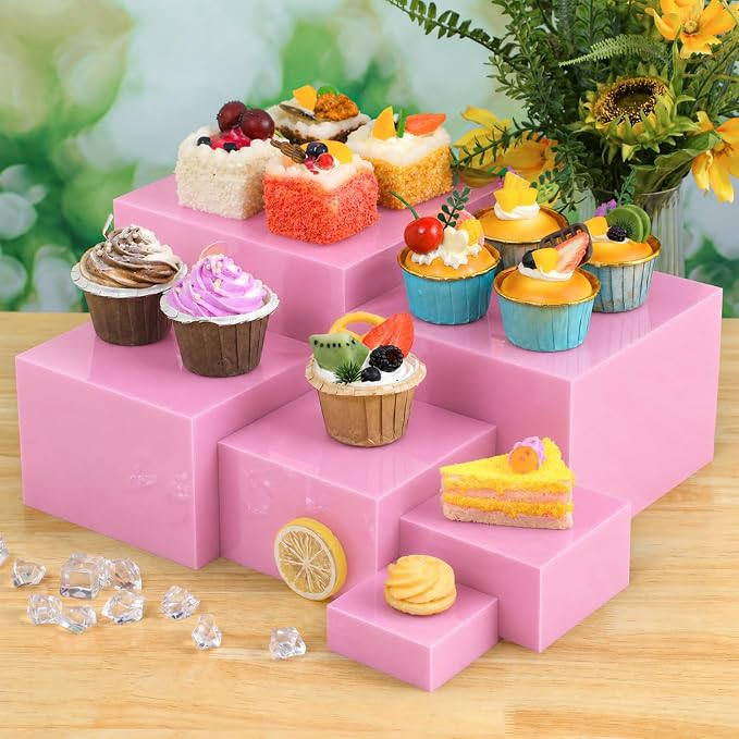 Geelin 6 Pack Acrylic Risers for Display Acrylic Cube Boxes Risers Display Stands with Hollow Bottoms Decorative Stand for Jewelry Candy Table Decor 6 Sizes(Pink,3 to 8 Inch,Square)