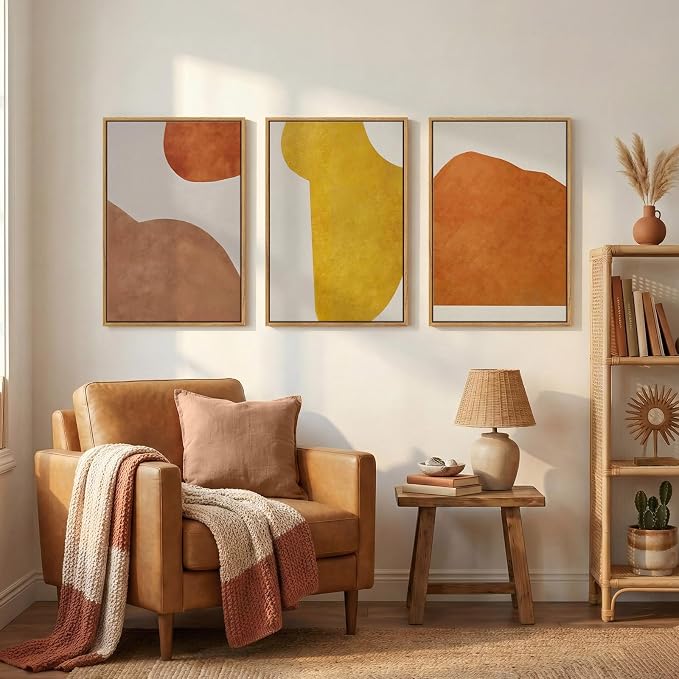 Framed Abstract Orange Wall Art Bedroom, 3 Piece Mid Century Modern Minimalist Yellow Canvas Artwork for Walls, Large Geometric Boho Neutral Pictures Prints Wall Decor Living Room Office, 16x24 Inch