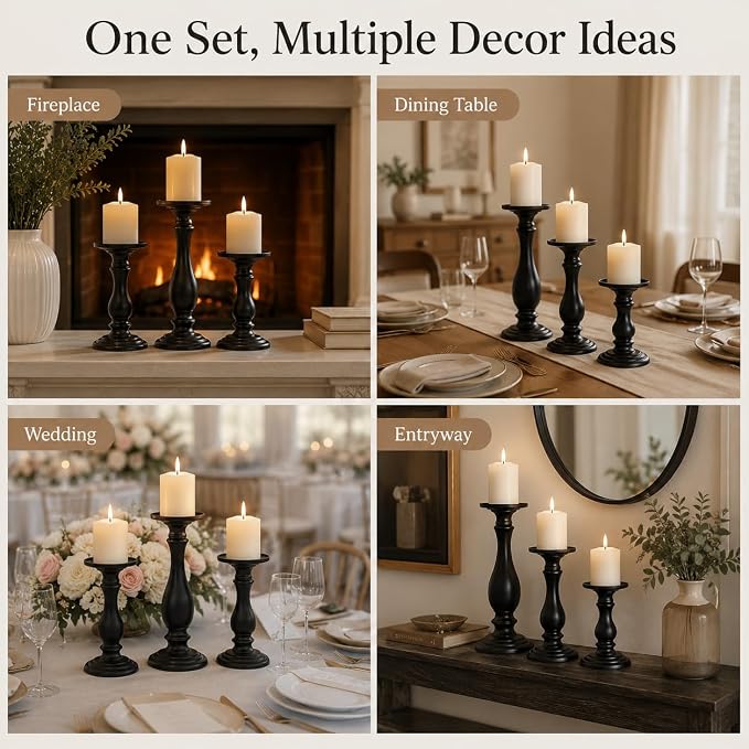 Matte Black Pillar Candle Holders Set of 3, 6/8/10 Inch Metal Stands for 3 or 4 Inch Pillars, Fireplace Mantel Table Centerpiece, Rustic Farmhouse Wedding Decor