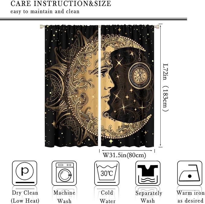 Sun Moon Blackout Windows Curtains, Retro Bohemian Antique Hippie Gold Sun Crescent and Star Curtains, for Living Room Bedroom 63x72in 2 Panels