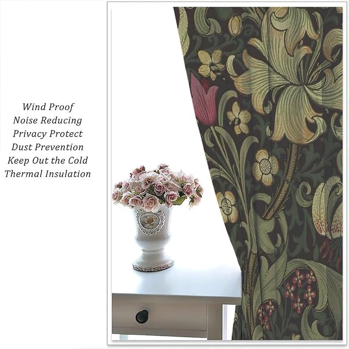 Vintage Flower Blackout Window Curtains, William Morris Style Art Floral Rustic Plant Wildflower Window Drapes, for Living Room Bedroom 31.5(W)*63(L) 2 Panels