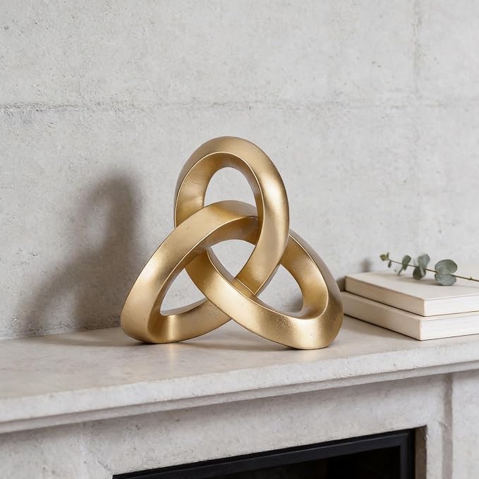 Modern Gold Knot Sculpture Decor – Abstract Geometric Tabletop Statue for Coffee Table, Bookshelf & Mantel, Contemporary Gold Decorative Accent for Living Room