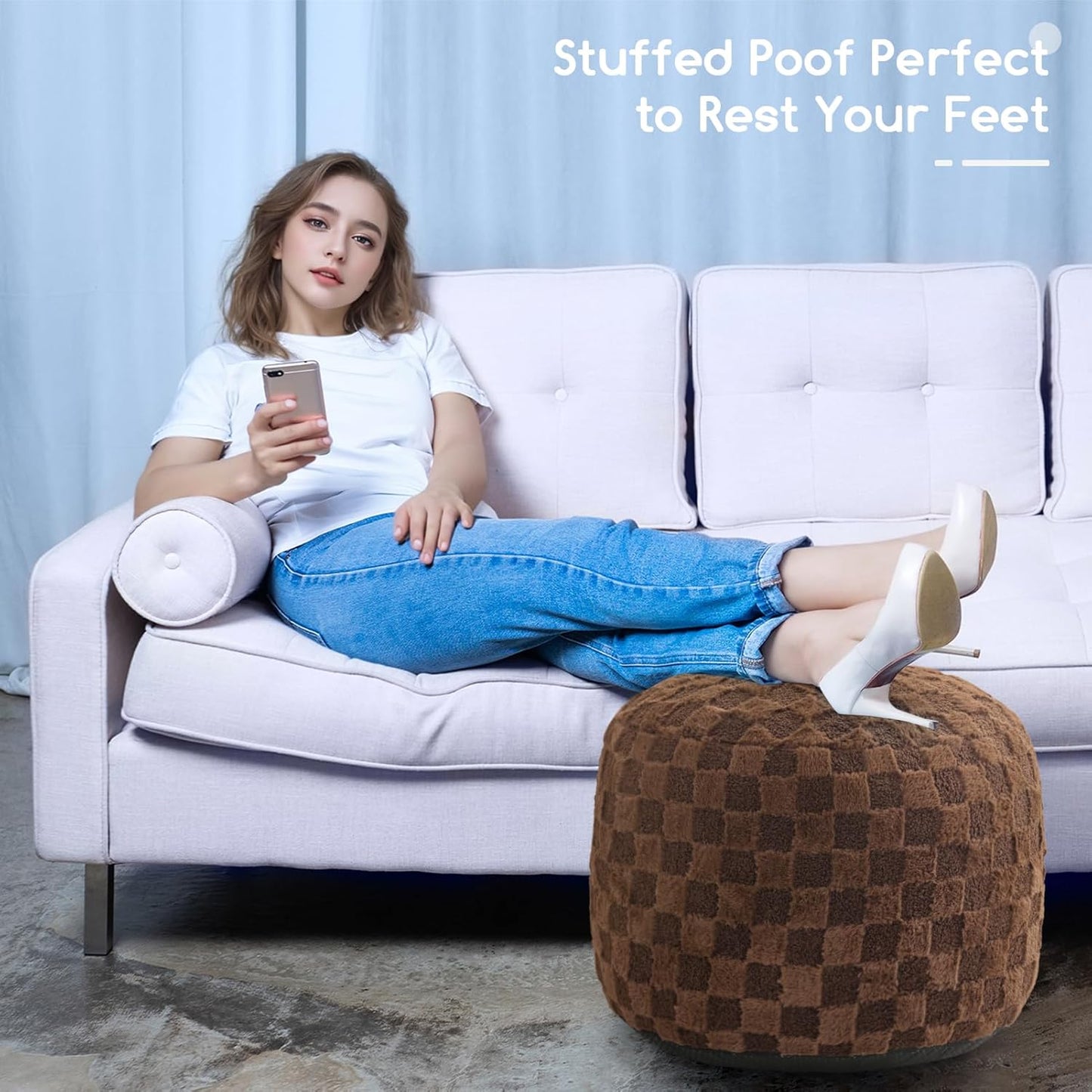 HIGOGOGO Round Stuffed Pouf Ottoman, Plaid Poufs with Foam Chunk Filling, Fluffy and Furry Pouf Foot Stool Storage Ottoman, 20 X 15 Floor Poufs Foot Rest for Living Room, Coffee