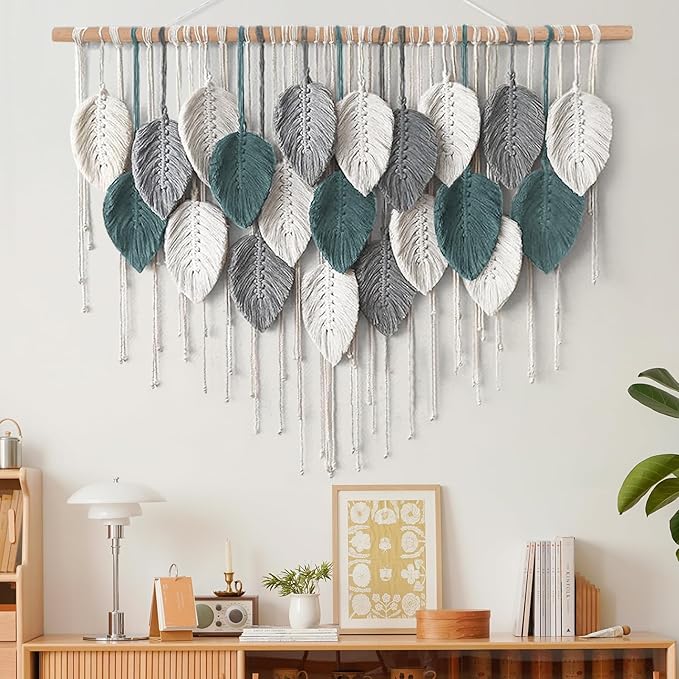 Weldomcor Large Macrame Wall Hanging Boho Home Decor, Handmade Bohemian Woven Leaves Macrame Tapestry Modern Aesthetic Chic Wall Art Decorations for Bedroom Living Room Nursery Office 39" W x 29.5" L