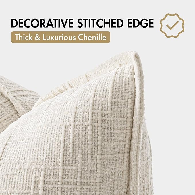 MIULEE Slubby Textured Decorative Throw Pillow Covers 24x24 Inch Set of 2 Boho Farmhouse Soft Cozy Chenille Pillows Cushion Cases Modern Neutral Home Decor for Couch Sofa Bed Living Room, Cream White