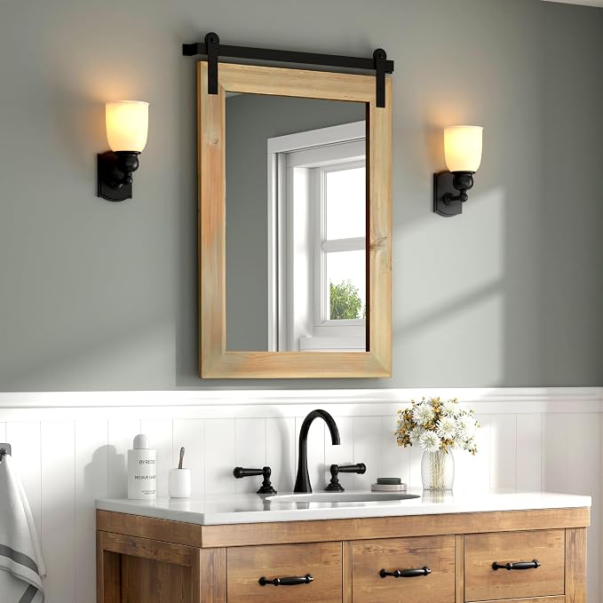 COGOOD Farmhouse Barn Door Mirror - 22" x 30" Rustic Wood Framed Wall Mirror for Bathroom, Living Room, Entryway Wall Decor (Burlywood)