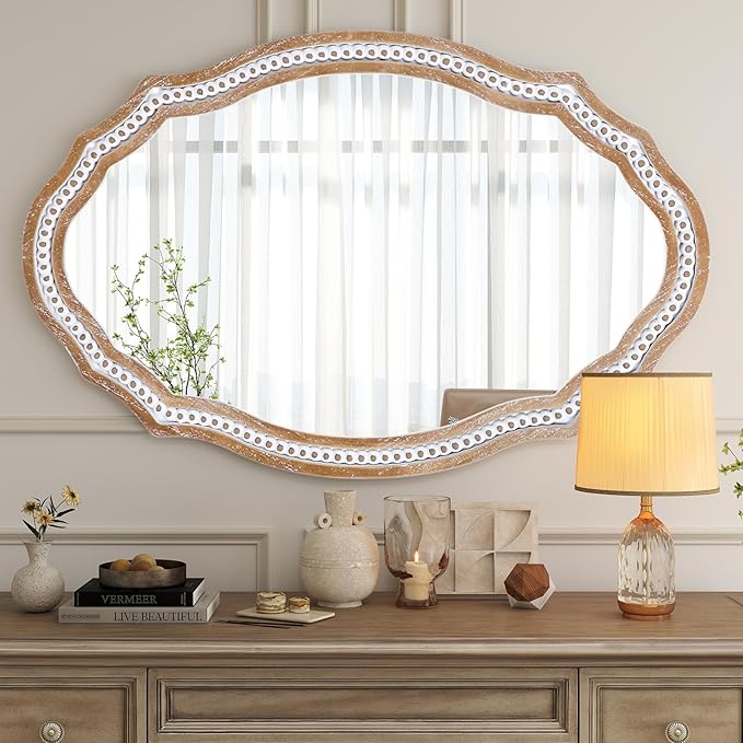 36x24 Inch Rustic Farmhouse Oval Mirror, Wooden Decorative Wall Mirrors | Hang Vertical or Horizontal, the Grain Look Adds Farmhouse Charm Above Bathroom Sink, Entryway, Living Room, Hallway