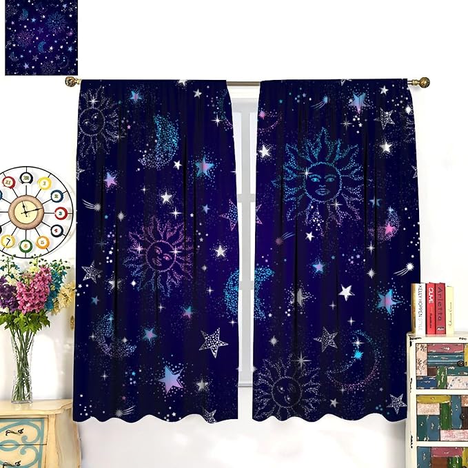 Sun Moon Stars Blackout Window Curtains, Space Galaxy Pattern Print Window Treatment Drapes for Bedroom Living Room 55" W X 63" L